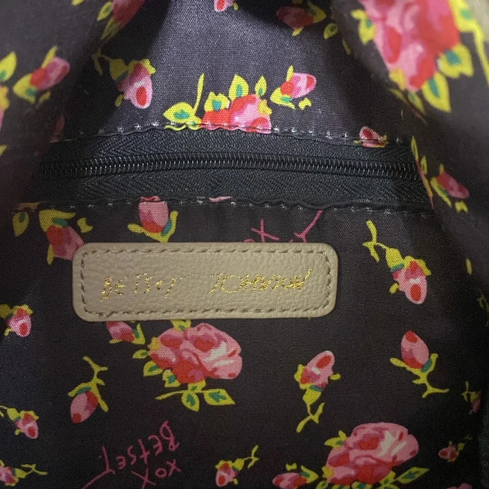 Betsey Johnson Taupe Heart stitched Pattern Mini Backpack with Floral Interior